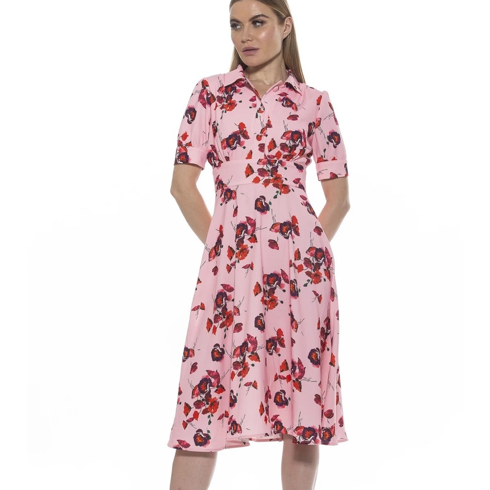 Alexia Admor Pink Floral Shirt-Collar Midi Dress